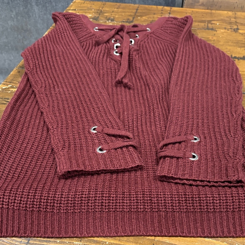 Women's Burgundy Lace-Up Sweater